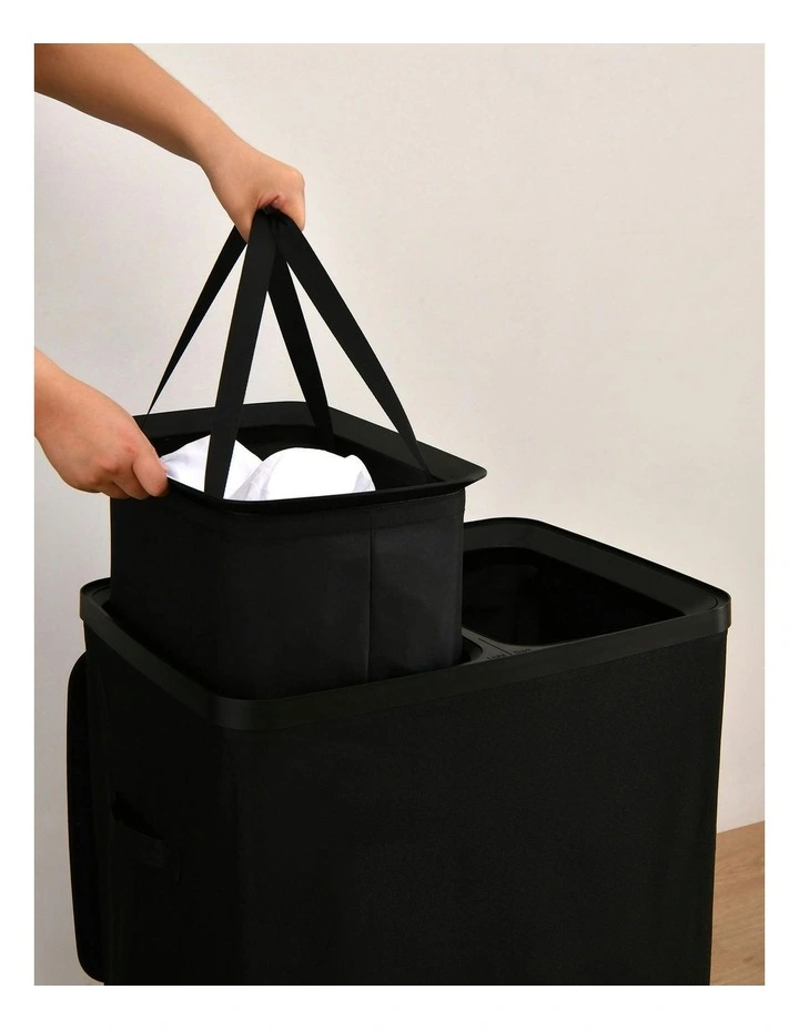 Voyager 2-Section Faux Linen Laundry Hamper 56x40x67cm in Black image 2
