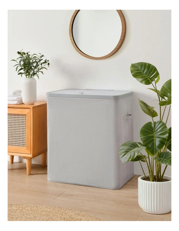 Voyager 3-Section Faux Linen Laundry Hamper 64x40x67cm in Grey image 1