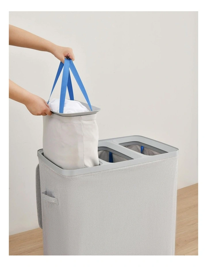 Voyager 3-Section Faux Linen Laundry Hamper 64x40x67cm in Grey image 2