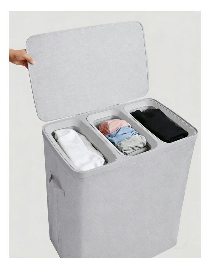 Voyager 3-Section Faux Linen Laundry Hamper 64x40x67cm in Grey image 5