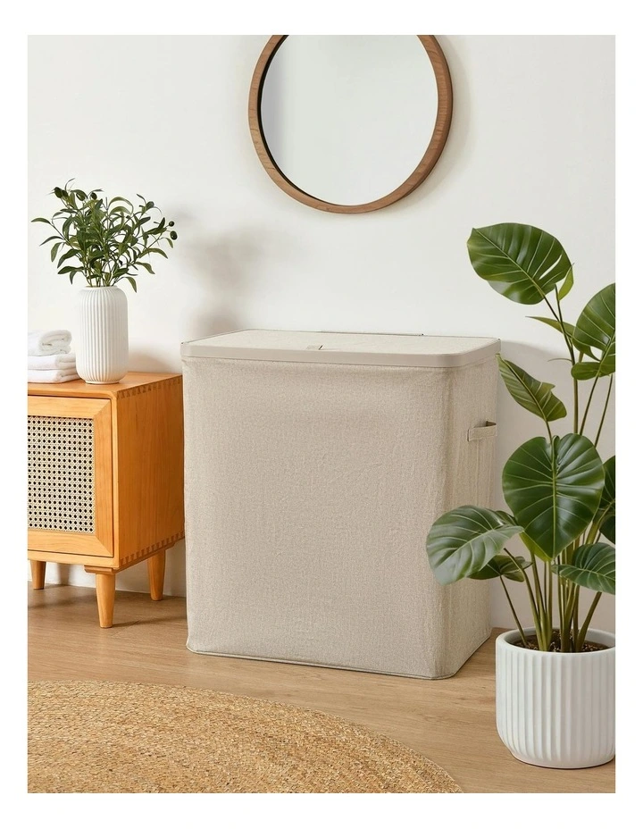 Voyager 3-Section Faux Linen Laundry Hamper 64x40x67cm in Natural image 1