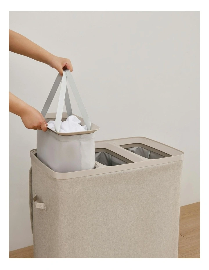 Voyager 3-Section Faux Linen Laundry Hamper 64x40x67cm in Natural image 2