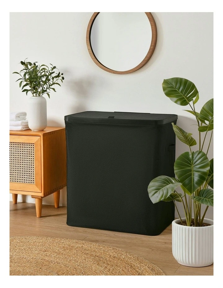 Voyager 3-Section Faux Linen Laundry Hamper 64x40x67cm in Black image 1