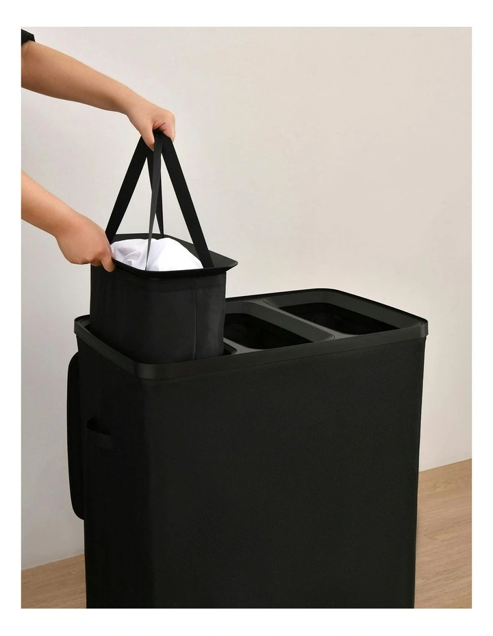 Voyager 3-Section Faux Linen Laundry Hamper 64x40x67cm in Black image 2