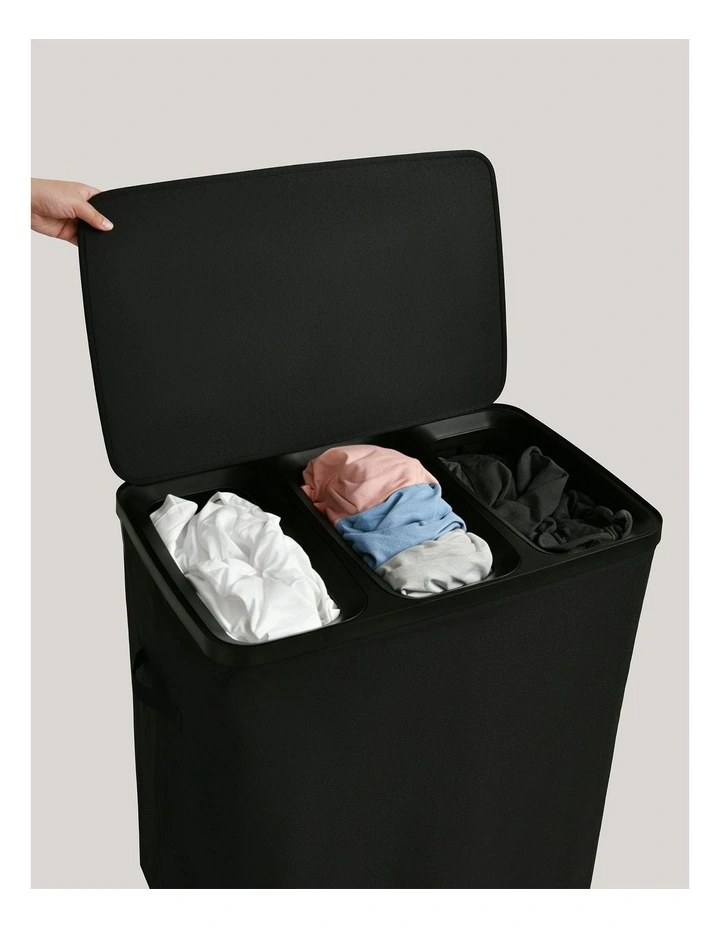 Voyager 3-Section Faux Linen Laundry Hamper 64x40x67cm in Black image 5