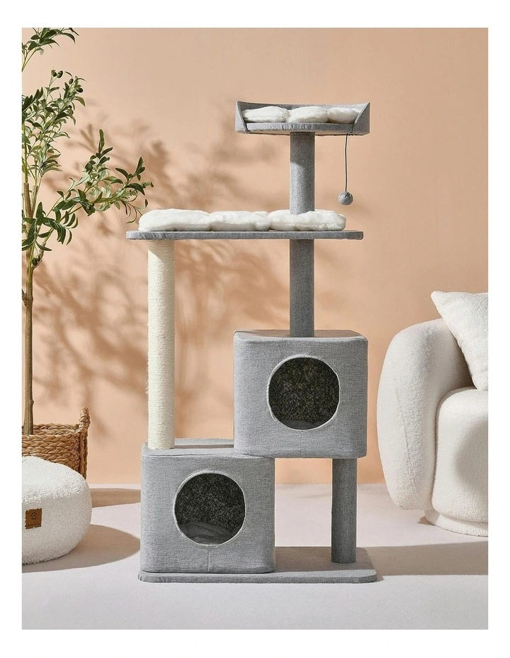 Charlie's Wabi Sabi Double Cubby Cat Tree Scratcher in Faux Linen Grey image 1