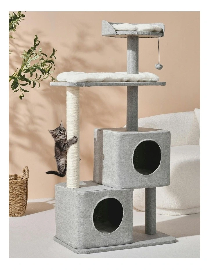 Charlie's Wabi Sabi Double Cubby Cat Tree Scratcher in Faux Linen Grey image 2