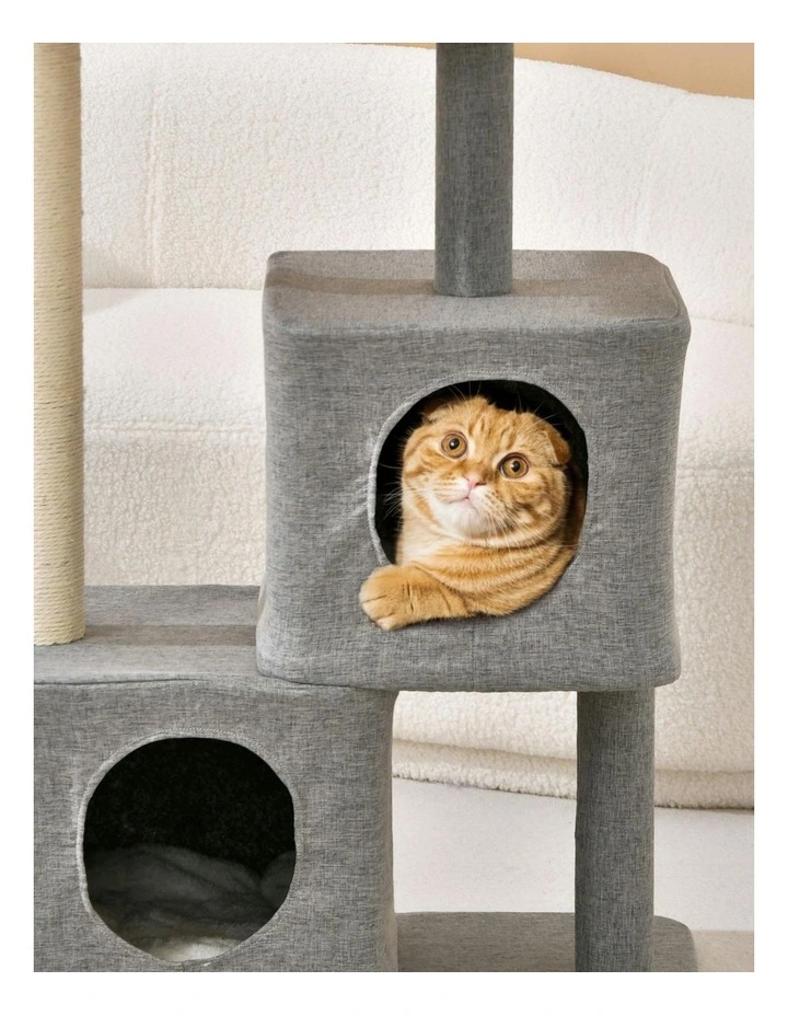 Charlie's Wabi Sabi Double Cubby Cat Tree Scratcher in Faux Linen Grey image 3