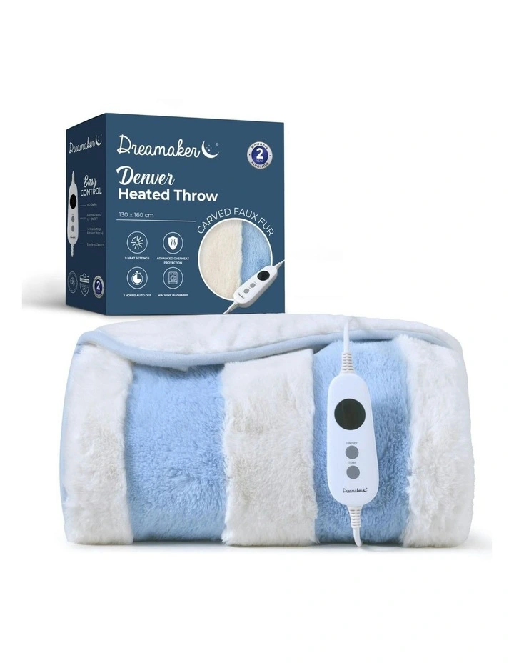 Denver Carved Stripe Faux Fur Heated Throw in Sky image 2