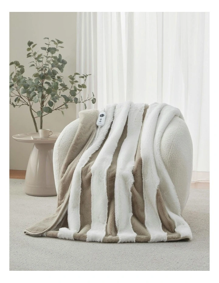 Denver Carved Stripe Faux Fur Heated Throw in Natural image 1