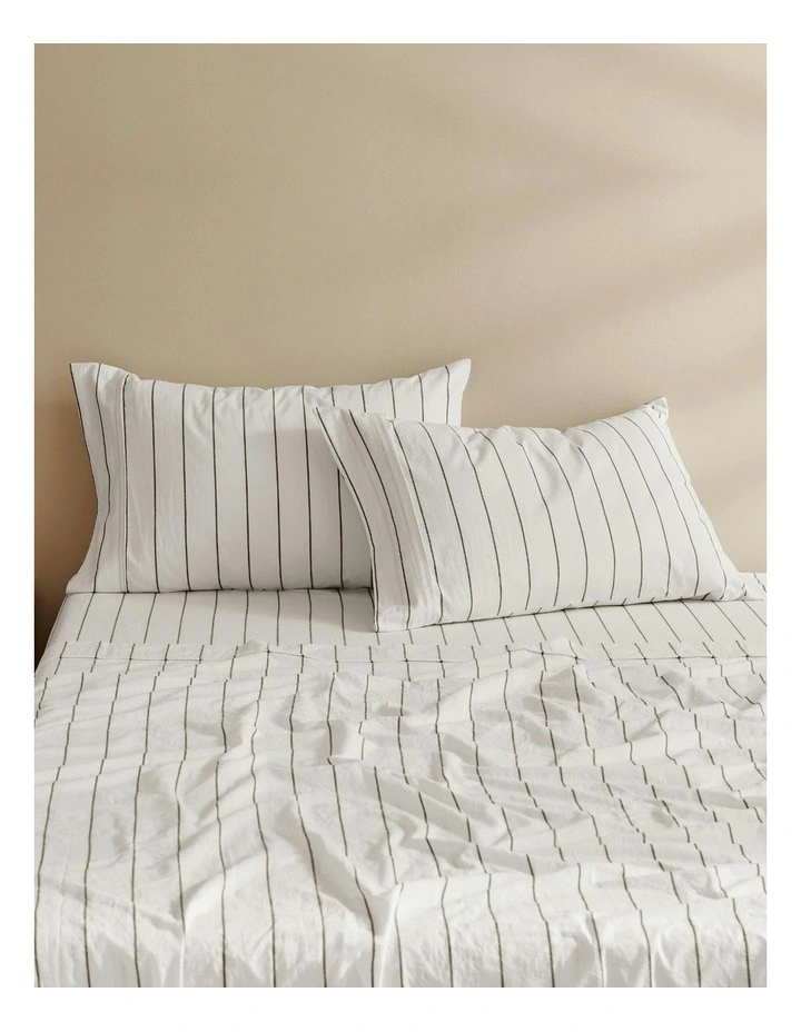 Dreamaker Rumi Washed Cotton Standard Pillowcase Twin Pack in White with Graphite Stripe image 1