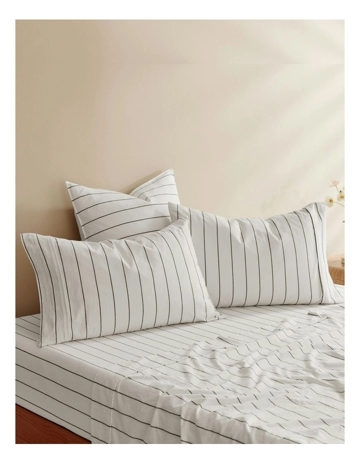 Dreamaker Rumi Washed Cotton Standard Pillowcase Twin Pack in White with Graphite Stripe image 4