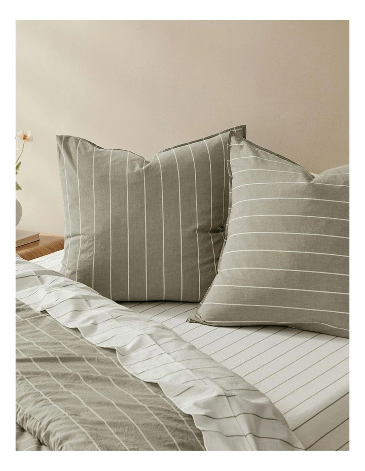 Rumi Washed Cotton Reversible European Pillowcase Pack Of 2 in Olive/White Stripe image 3