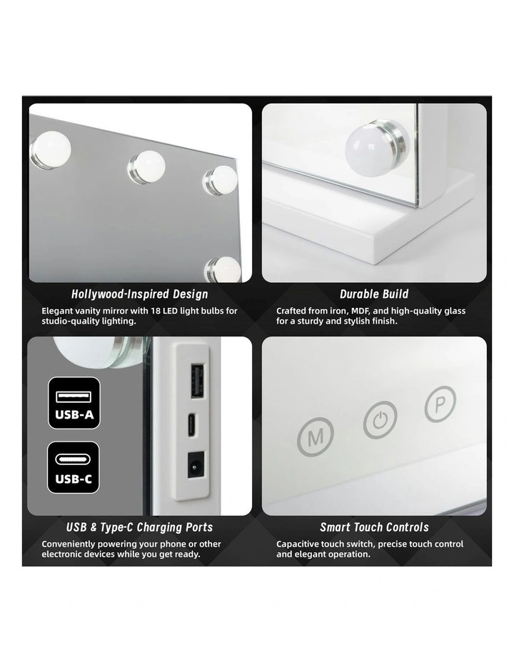 Beauty Mirror With 18 LED Bulbs & USB Ports in White image 7