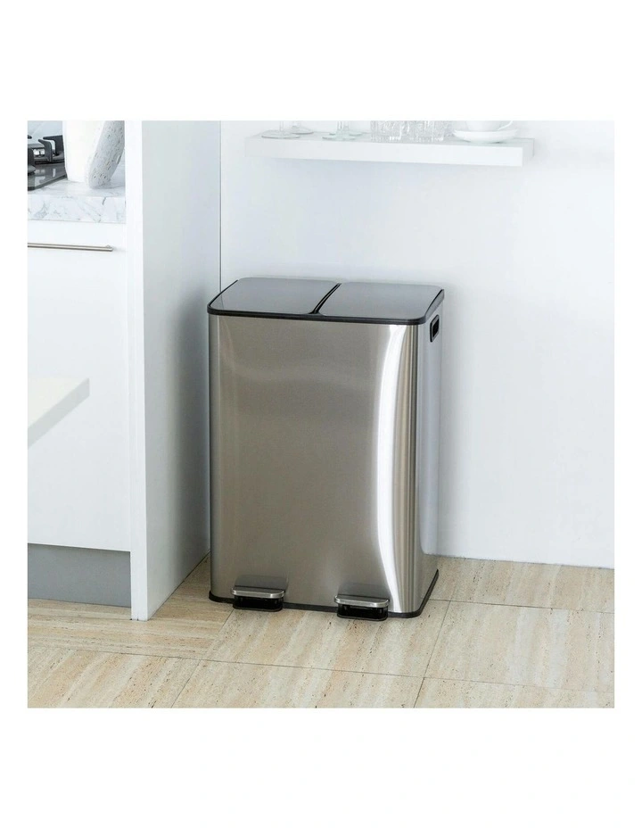 Stainless Steel Dual Compartment Pedal Operation Rubbish Bin 30L Each Section in Silver image 2