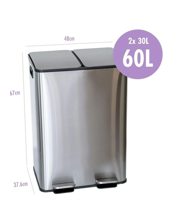 Stainless Steel Dual Compartment Pedal Operation Rubbish Bin 30L Each Section in Silver image 3