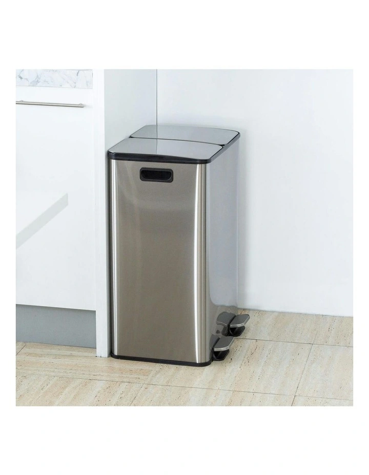 Stainless Steel Dual Compartment Pedal Operation Rubbish Bin 30L Each Section in Silver image 7