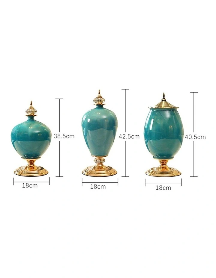 3x Ceramic Oval Flower Vase with White Flower Set in Green image 2