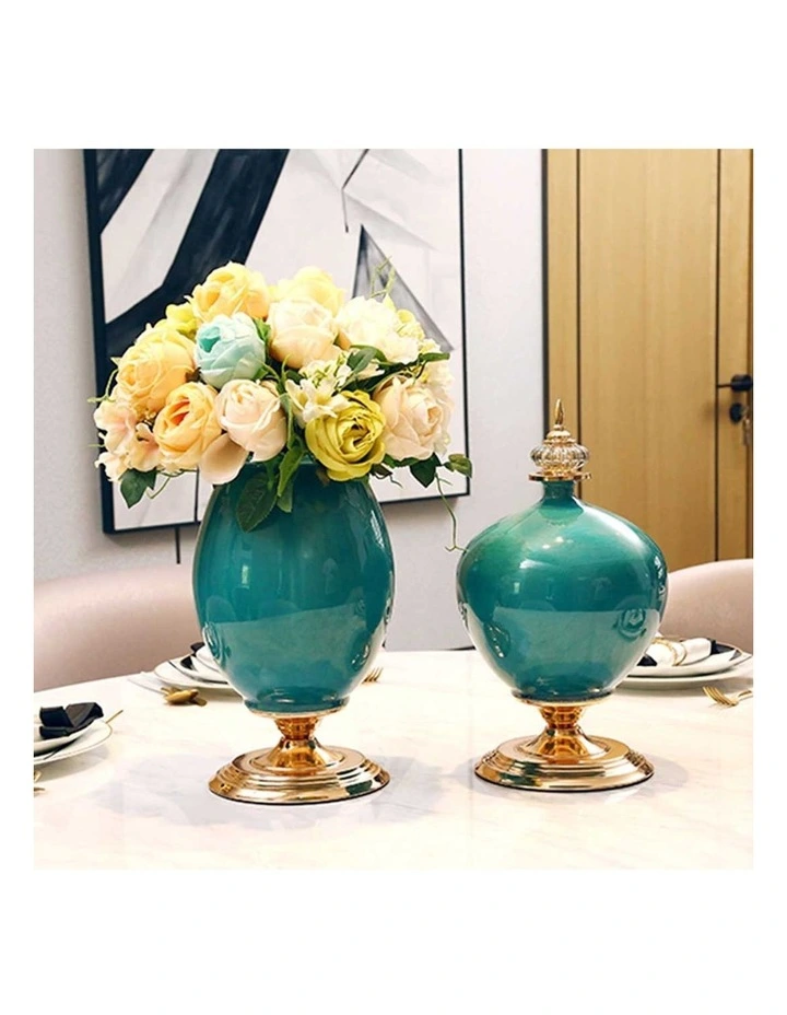 3x Ceramic Oval Flower Vase with White Flower Set in Green image 5