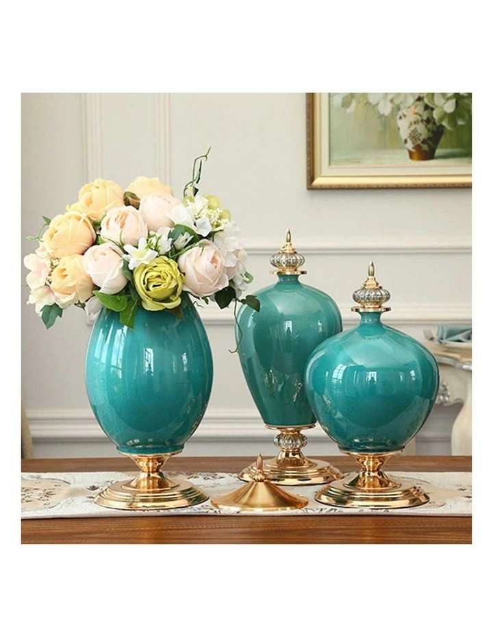 3x Ceramic Oval Flower Vase with White Flower Set in Green image 6