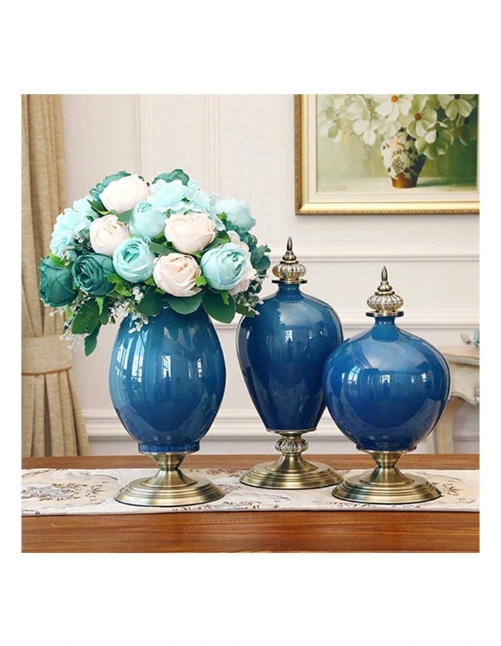 3x Ceramic Oval Flower Vase with White Flower Set in Green image 7