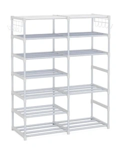Shoe Storage Tier with Side Hooks in White