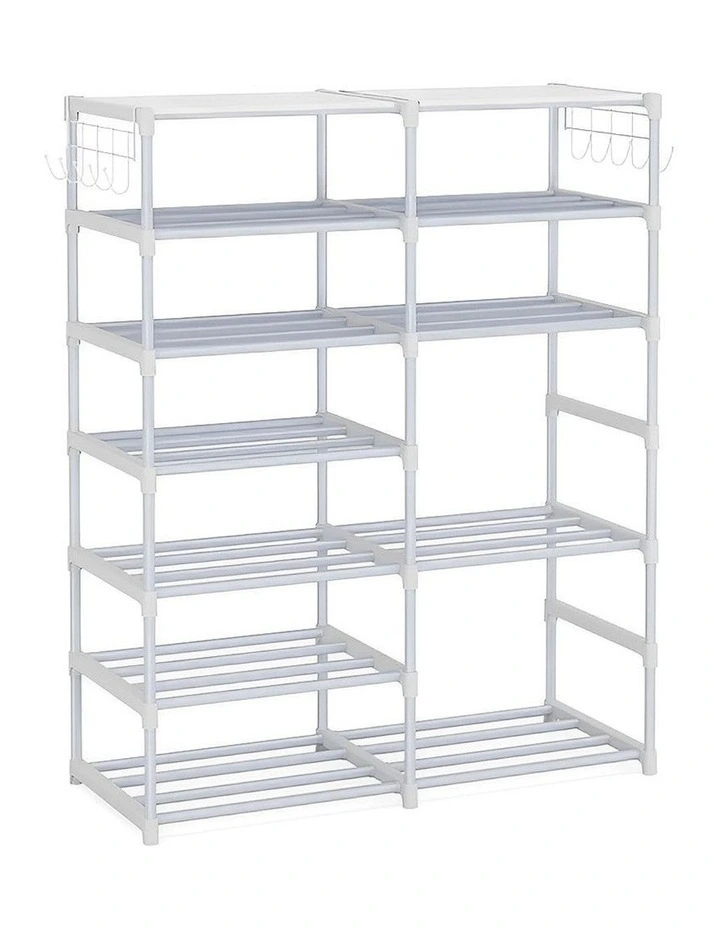 Shoe Storage Tier with Side Hooks in White image 1