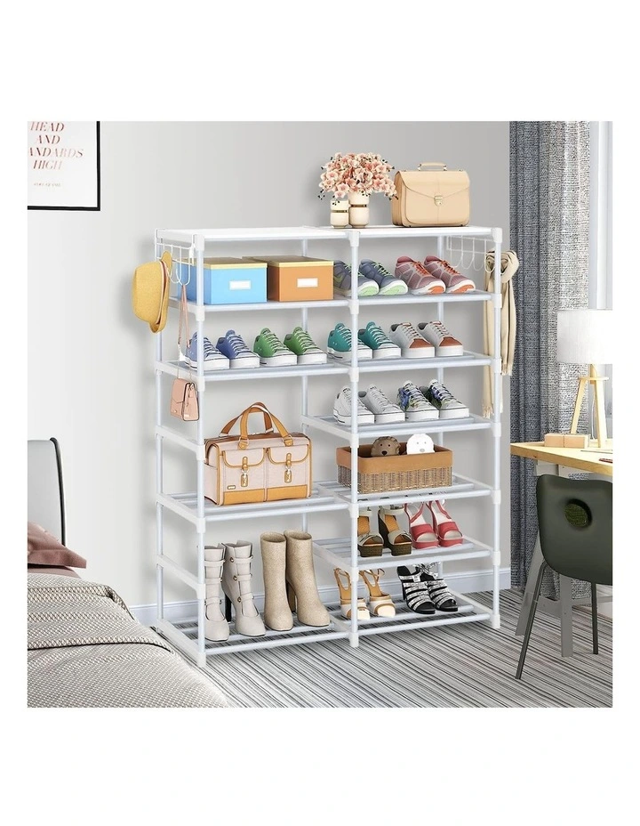 Shoe Storage Tier with Side Hooks in White image 3