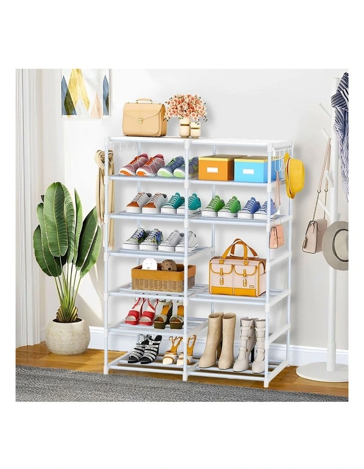 Shoe Storage Tier with Side Hooks in White image 5