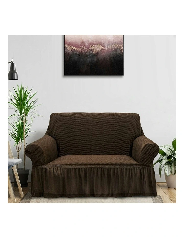 2-Seater Sofa Cover with Ruffled Skirt Couch Protector in Coffee image 2