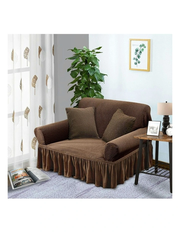 2-Seater Sofa Cover with Ruffled Skirt Couch Protector in Coffee image 5