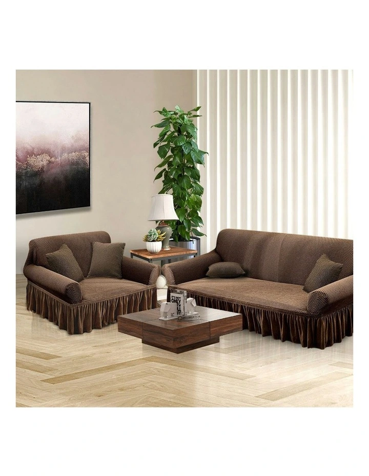 2-Seater Sofa Cover with Ruffled Skirt Couch Protector in Coffee image 6