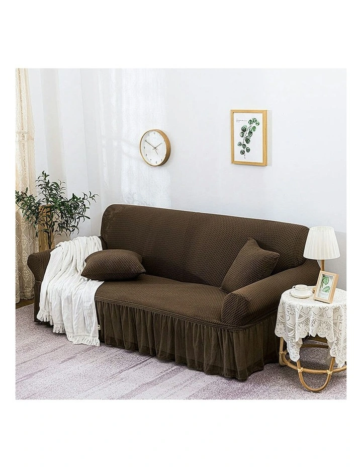 3-Seater Sofa Cover with Ruffled Skirt Couch Protector in Coffee image 2