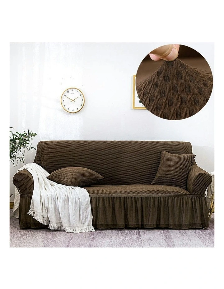 3-Seater Sofa Cover with Ruffled Skirt Couch Protector in Coffee image 6