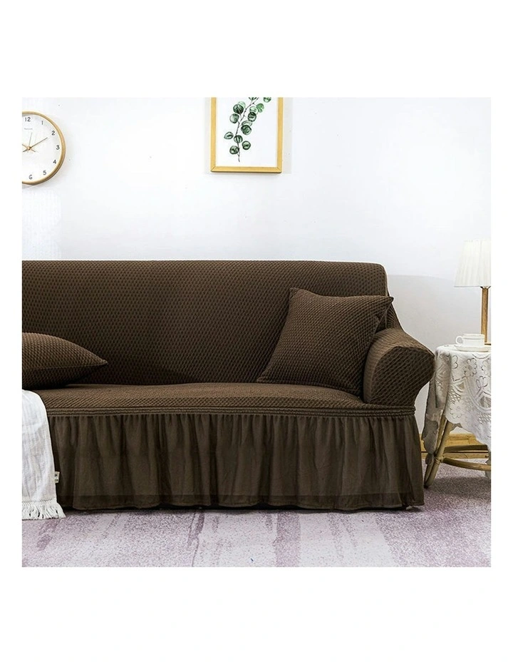 3-Seater Sofa Cover with Ruffled Skirt Couch Protector in Coffee image 7