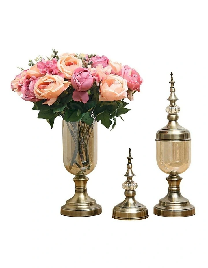 SOGA 2 X Clear Glass Flower Vase With Lid And Pink Flower Filler Bronze