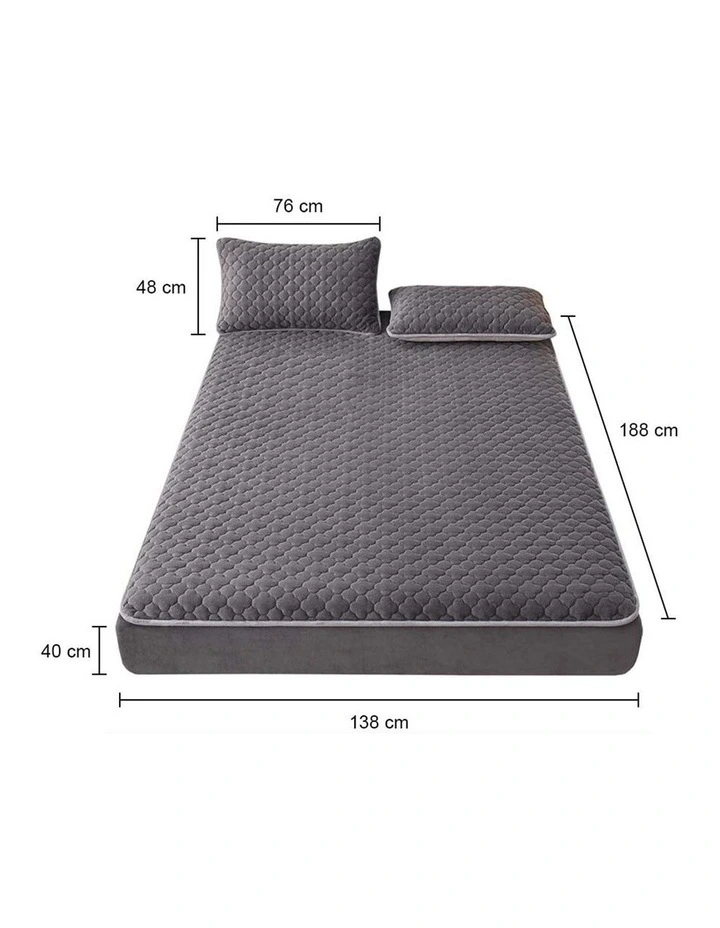 Wide Mattress Cover Thick Quilted Fleece Clover Bed Protector with Pillow Covers 138cm x2 in Grey image 6