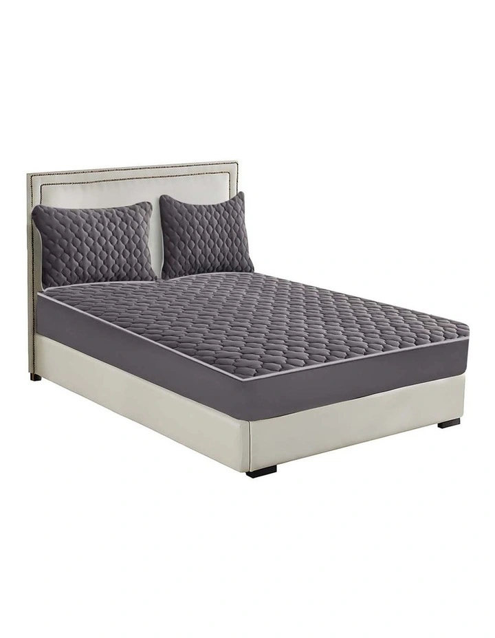 Wide Mattress Cover Thick Quilted Fleece Clover Bed Protector with Pillow Covers 138cm x2 in Grey image 7