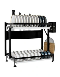 2 Tier Steel Kitchen Countertop Drying Dish Rack in Black