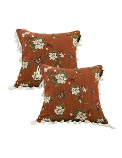 French Vintage Butterfly and Flower Tassel 2X Sofa Cushion 45cm in Caramel