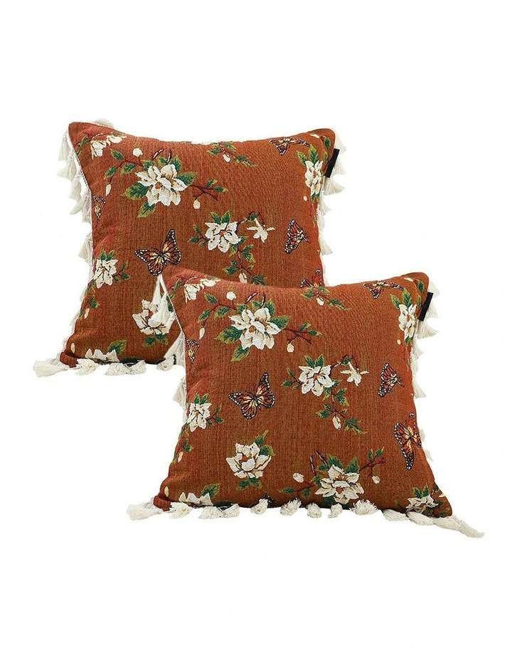 French Vintage Butterfly and Flower Tassel 2X Sofa Cushion 45cm in Caramel image 1