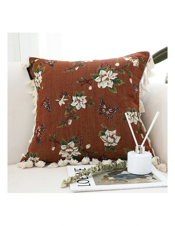 French Vintage Butterfly and Flower Tassel 2X Sofa Cushion 45cm in Caramel image 2