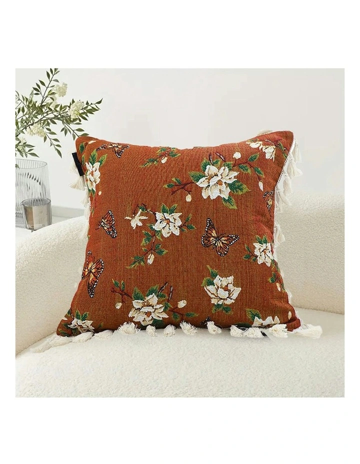 French Vintage Butterfly and Flower Tassel 2X Sofa Cushion 45cm in Caramel image 3