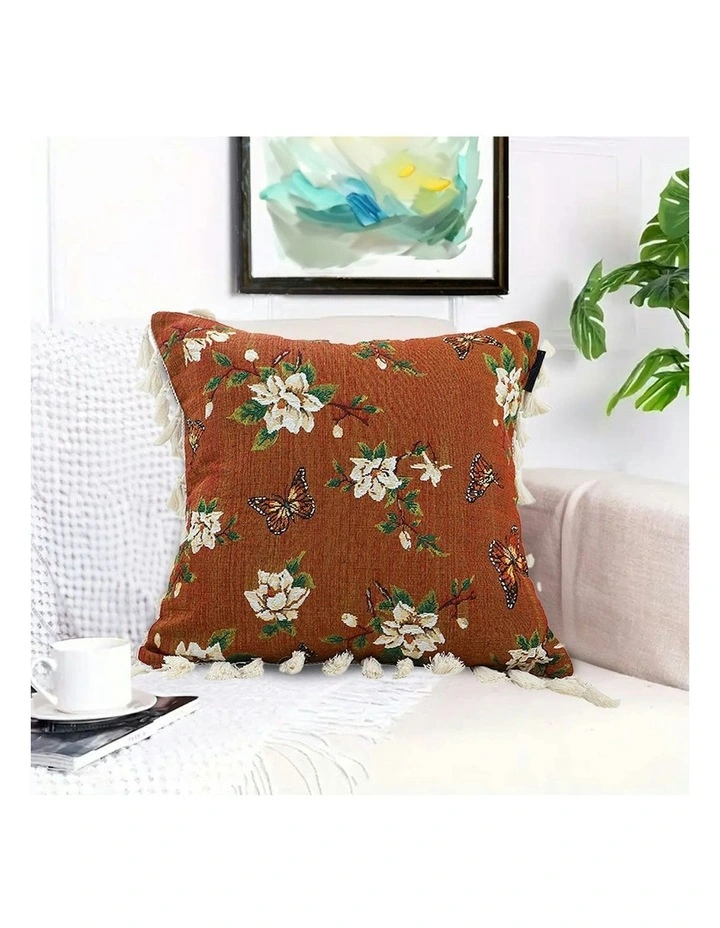 French Vintage Butterfly and Flower Tassel 2X Sofa Cushion 45cm in Caramel image 4