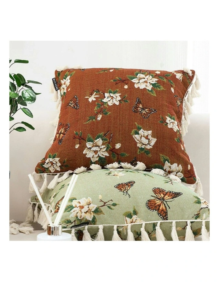French Vintage Butterfly and Flower Tassel 2X Sofa Cushion 45cm in Caramel image 6