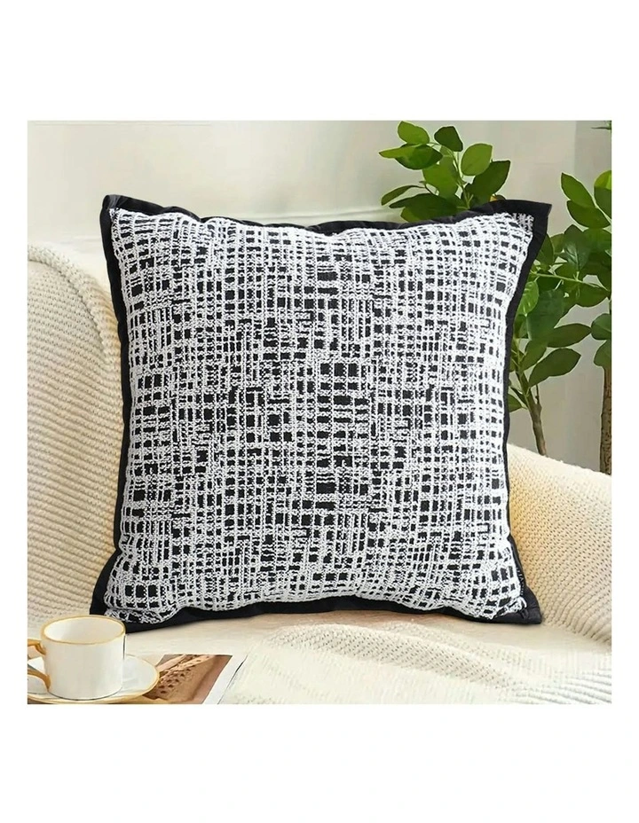 45cm Sofa Grid Wide Edge Square Throw Pillow x2 in Black & White image 3