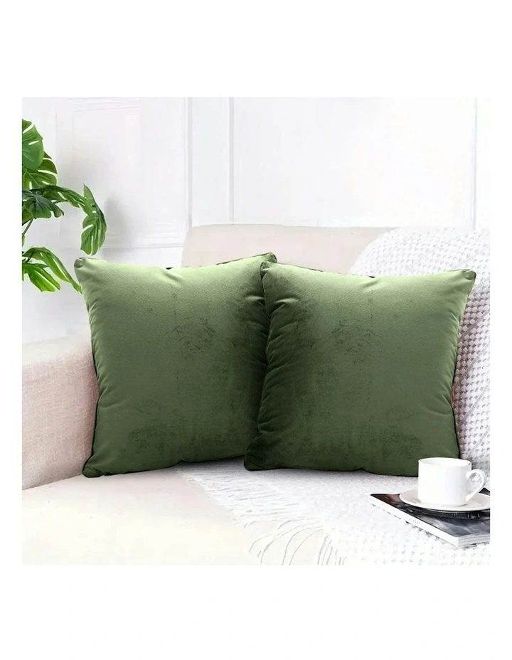 45cm Subtle Foliage Velvet Square Throw Pillow x2 in Army Green image 6