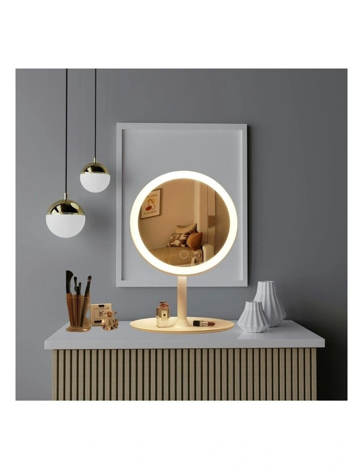 Round Makeup Bedroom Table Vanity Mirror Tricolor Adjustable Light LED 2x 26cm in White image 4