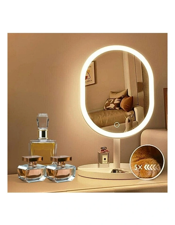 26cm Oval Smart LED Makeup Bedroom Table Vanity Mirror Tricolor Adjustable Light in White image 5