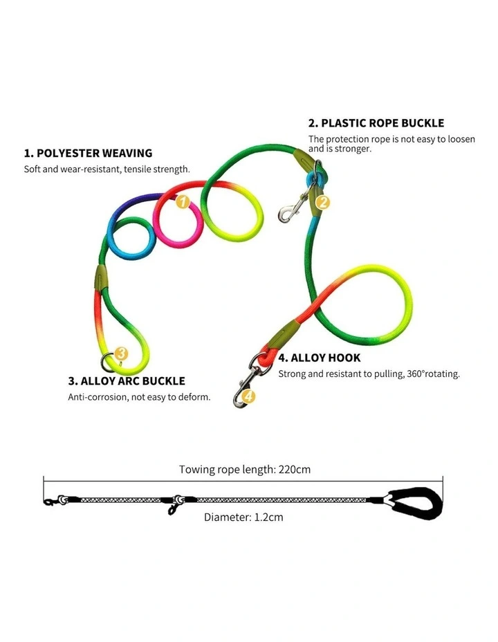 Multifunction Rope Pet Double Ended Leash 220cm x2 in Rainbow image 3